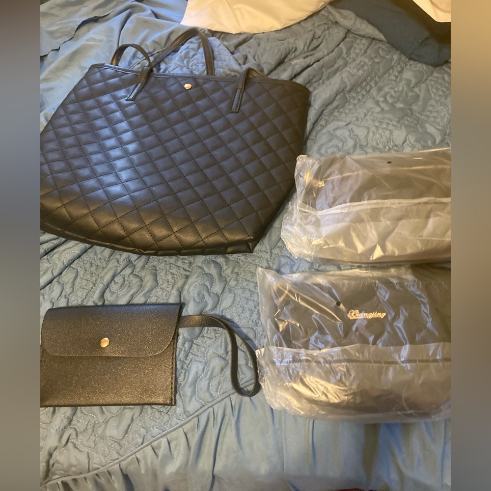 New, 4 Piece Black Quilted Faux Leather Handbag Tote Set